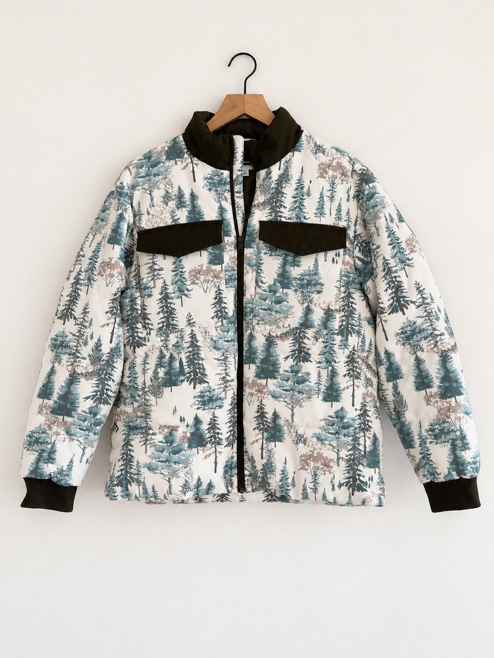 NWOT Sun + Stone Forest Tree Print Puffer Jacket Size M
